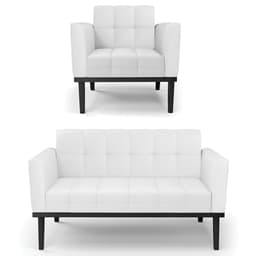 Sofá Namoradeira e 1 Poltrona Base Madeira Preto Ana Sintético Branco - Ibiza