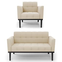 Sofá Namoradeira e 1 Poltrona Base Madeira Preto Ana Suede Bege - Ibiza