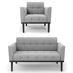 Sofá Namoradeira e 1 Poltrona Base Madeira Preto Ana Suede Cinza - Ibiza