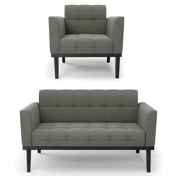 Sofá Namoradeira e 1 Poltrona Base Madeira Preto Ana Suede Grafite - Ibiza