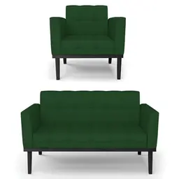 Sofá Namoradeira e 1 Poltrona Base Madeira Preto Ana Veludo Luxo Verde - Ibiza