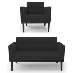 Sofá Namoradeira e 1 Poltrona Base Madeira Preto Ana Veludo Preto - Ibiza