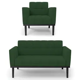 Sofá Namoradeira e 1 Poltrona Base Madeira Preto Ana Veludo Verde - Ibiza