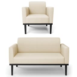 Sofá Namoradeira e 1 Poltrona Base Madeira Preto Maressa Linho Bege - Ibiza