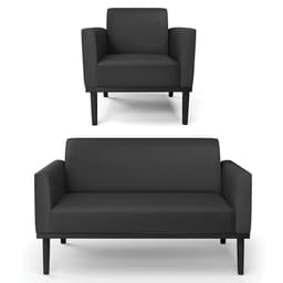 Sofá Namoradeira e 1 Poltrona Base Madeira Preto Maressa Sintético Preto - Ibiza