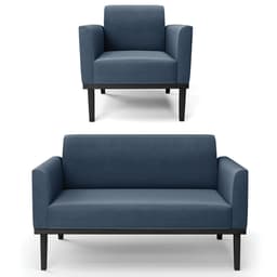 Sofá Namoradeira e 1 Poltrona Base Madeira Preto Maressa Suede Azul Marinho - Ibiza