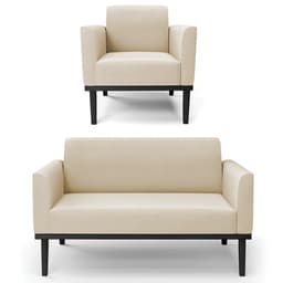 Sofá Namoradeira e 1 Poltrona Base Madeira Preto Maressa Suede Bege - Ibiza