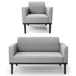 Sofá Namoradeira e 1 Poltrona Base Madeira Preto Maressa Suede Cinza - Ibiza