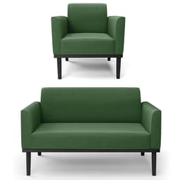 Sofá Namoradeira e 1 Poltrona Base Madeira Preto Maressa Suede Verde - Ibiza