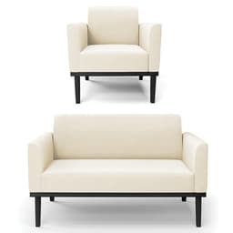 Sofá Namoradeira e 1 Poltrona Base Madeira Preto Maressa Veludo Bege - Ibiza