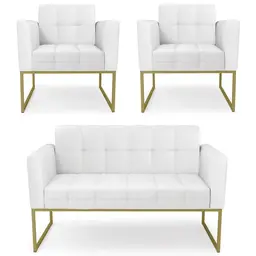 Sofá Namoradeira e 2 Poltronas Base Industrial Dourado Ana Sintético Branco - Ibiza