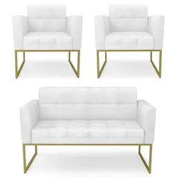Sofá Namoradeira e 2 Poltronas Base Industrial Dourado Ana Sintético PU Branco - Ibiza
