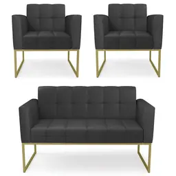 Sofá Namoradeira e 2 Poltronas Base Industrial Dourado Ana Sintético Preto - Ibiza