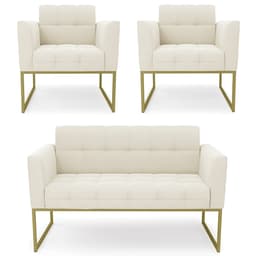 Sofá Namoradeira e 2 Poltronas Base Industrial Dourado Ana Veludo Bege - Ibiza