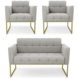 Sofá Namoradeira e 2 Poltronas Base Industrial Dourado Ana Veludo Cinza - Ibiza