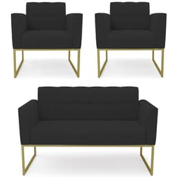 Sofá Namoradeira e 2 Poltronas Base Industrial Dourado Ana Veludo Preto - Ibiza