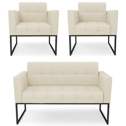 Sofá Namoradeira e 2 Poltronas Base Industrial Preto Ana Linho Bege - Ibiza