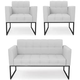 Sofá Namoradeira e 2 Poltronas Base Industrial Preto Ana Linho Cinza - Ibiza