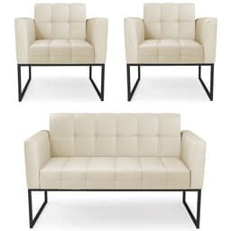 Sofá Namoradeira e 2 Poltronas Base Industrial Preto Ana Sintético Bege - Ibiza