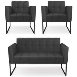 Sofá Namoradeira e 2 Poltronas Base Industrial Preto Ana Sintético Preto - Ibiza