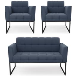 Sofá Namoradeira e 2 Poltronas Base Industrial Preto Ana Suede Azul Marinho - Ibiza