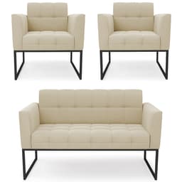 Sofá Namoradeira e 2 Poltronas Base Industrial Preto Ana Suede Bege - Ibiza