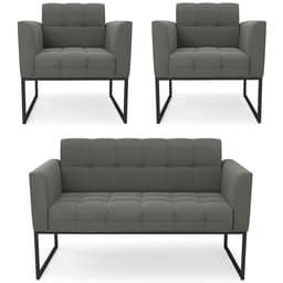 Sofá Namoradeira e 2 Poltronas Base Industrial Preto Ana Suede Grafite - Ibiza