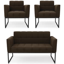 Sofá Namoradeira e 2 Poltronas Base Industrial Preto Ana Suede Marrom - Ibiza