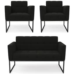 Sofá Namoradeira e 2 Poltronas Base Industrial Preto Ana Suede Preto - Ibiza