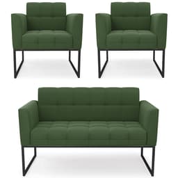Sofá Namoradeira e 2 Poltronas Base Industrial Preto Ana Suede Verde - Ibiza
