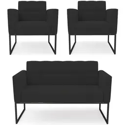 Sofá Namoradeira e 2 Poltronas Base Industrial Preto Ana Veludo Preto - Ibiza