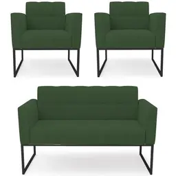 Sofá Namoradeira e 2 Poltronas Base Industrial Preto Ana Veludo Verde - Ibiza