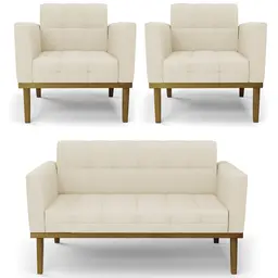 Sofá Namoradeira e 2 Poltronas Base Madeira Castanho Ana Linho Bege - Ibiza