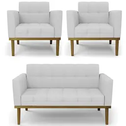 Sofá Namoradeira e 2 Poltronas Base Madeira Castanho Ana Linho Cinza - Ibiza