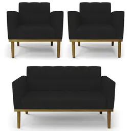 Sofá Namoradeira e 2 Poltronas Base Madeira Castanho Ana Linho Preto - Ibiza