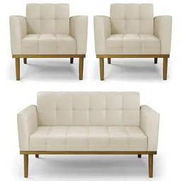 Sofá Namoradeira e 2 Poltronas Base Madeira Castanho Ana Sintético Bege - Ibiza