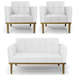 Sofá Namoradeira e 2 Poltronas Base Madeira Castanho Ana Sintético Branco - Ibiza