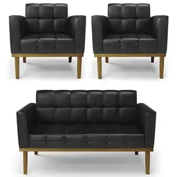 Sofá Namoradeira e 2 Poltronas Base Madeira Castanho Ana Sintético PU Preto - Ibiza