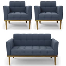 Sofá Namoradeira e 2 Poltronas Base Madeira Castanho Ana Suede Azul Marinho - Ibiza