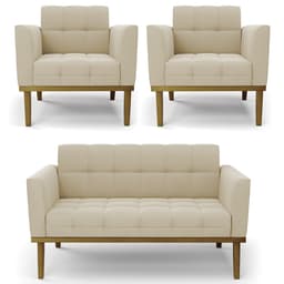 Sofá Namoradeira e 2 Poltronas Base Madeira Castanho Ana Suede Bege - Ibiza