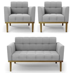 Sofá Namoradeira e 2 Poltronas Base Madeira Castanho Ana Suede Cinza - Ibiza