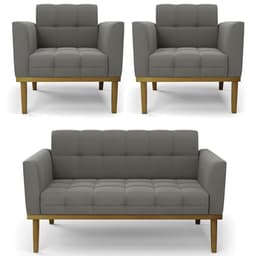 Sofá Namoradeira e 2 Poltronas Base Madeira Castanho Ana Suede Grafite - Ibiza