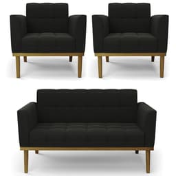 Sofá Namoradeira e 2 Poltronas Base Madeira Castanho Ana Suede Preto - Ibiza