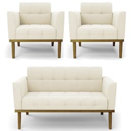 Sofá Namoradeira e 2 Poltronas Base Madeira Castanho Ana Veludo Bege - Ibiza