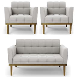 Sofá Namoradeira e 2 Poltronas Base Madeira Castanho Ana Veludo Cinza - Ibiza