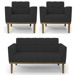 Sofá Namoradeira e 2 Poltronas Base Madeira Castanho Ana Veludo Preto - Ibiza