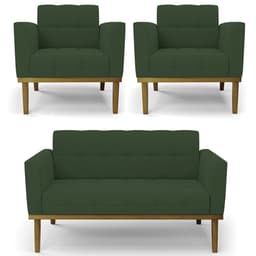 Sofá Namoradeira e 2 Poltronas Base Madeira Castanho Ana Veludo Verde - Ibiza