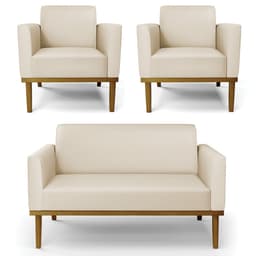 Sofá Namoradeira e 2 Poltronas Base Madeira Castanho Maressa Sintético Bege - Ibiza