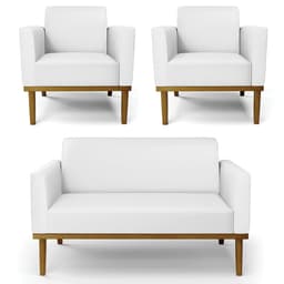 Sofá Namoradeira e 2 Poltronas Base Madeira Castanho Maressa Sintético Branco - Ibiza