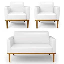 Sofá Namoradeira e 2 Poltronas Base Madeira Castanho Maressa Sintético PU Branco - Ibiza